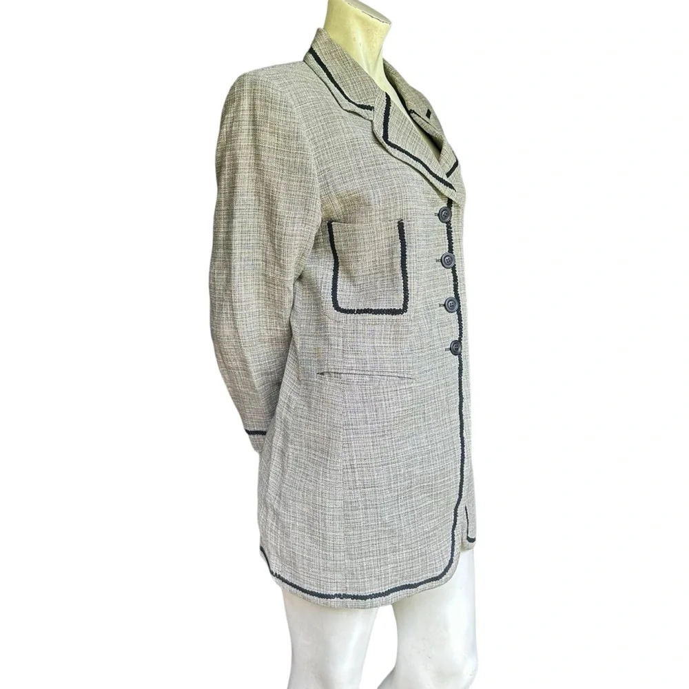 Vintage Byblos Made in Italy Linen Blend Black & Gray Fabric Trim Blazer IT 48